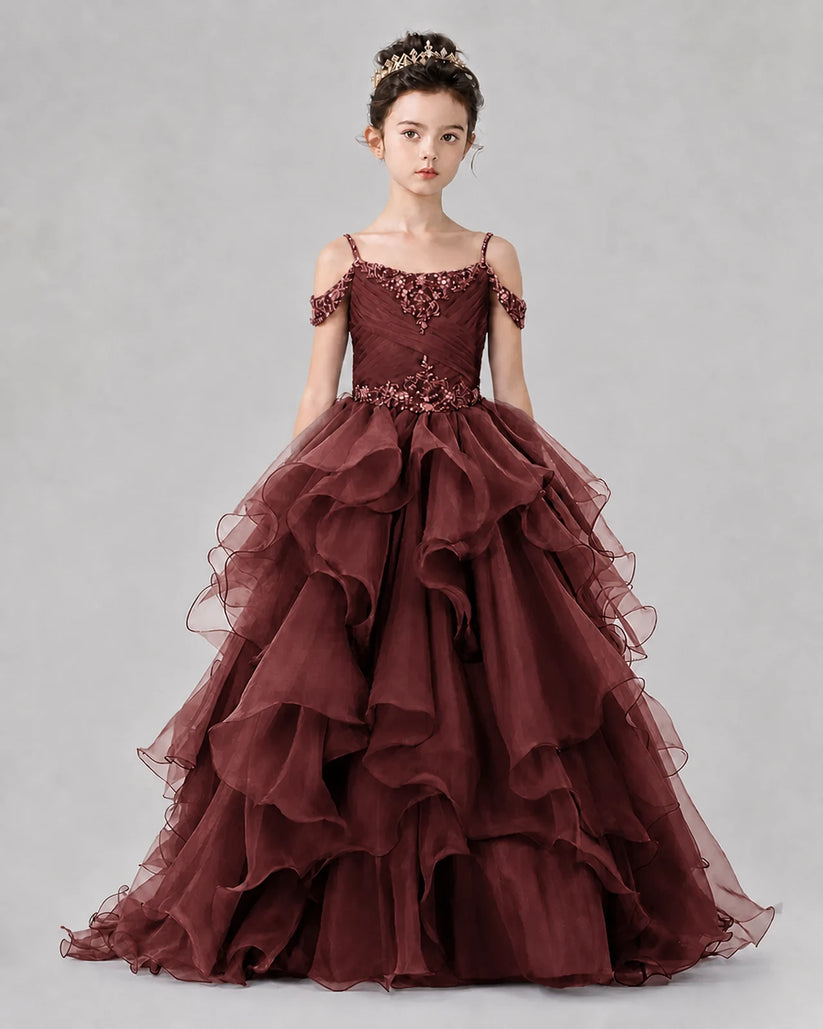 Burgundy Ball Gown Girls Pageant Dresses Front