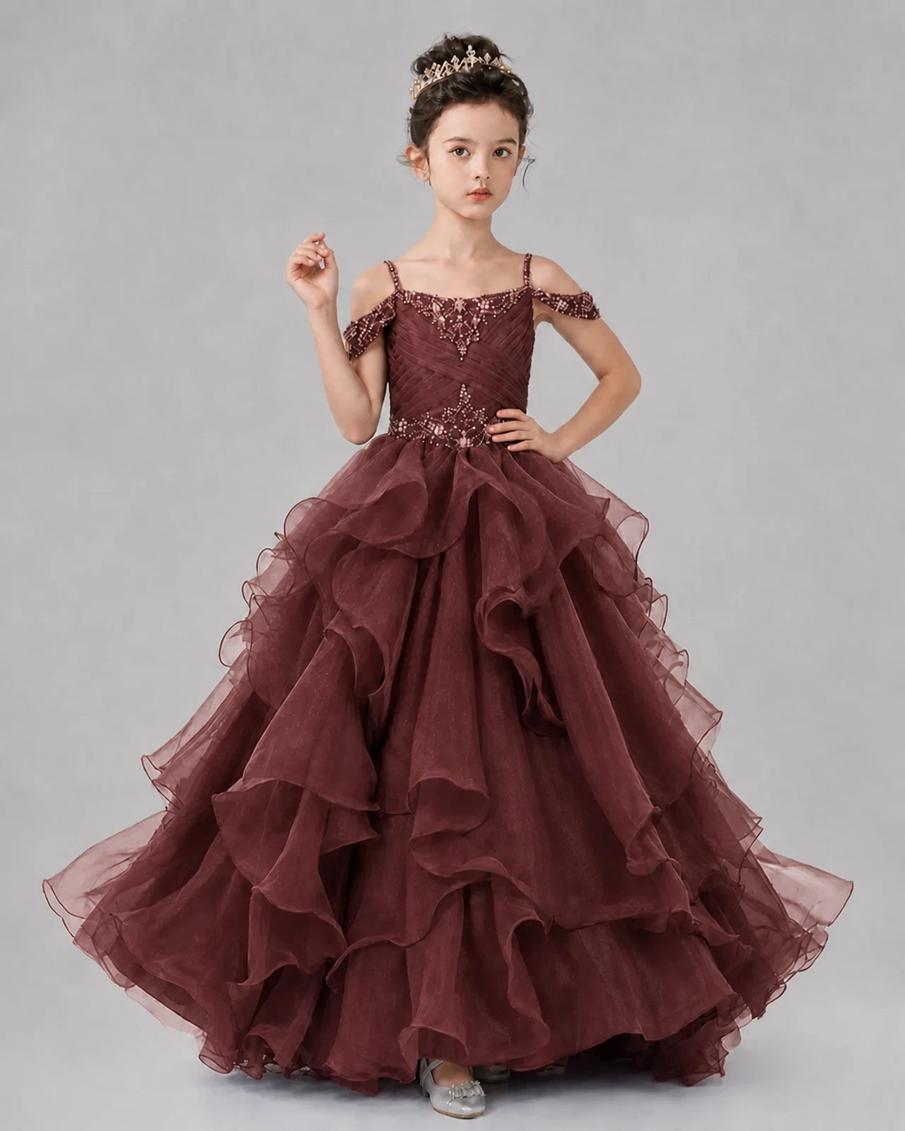 Burgundy Ball Gown Girls Pageant Dresses Pose