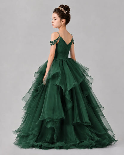 Dark Green Ball Gown Girls Pageant Dresses Back