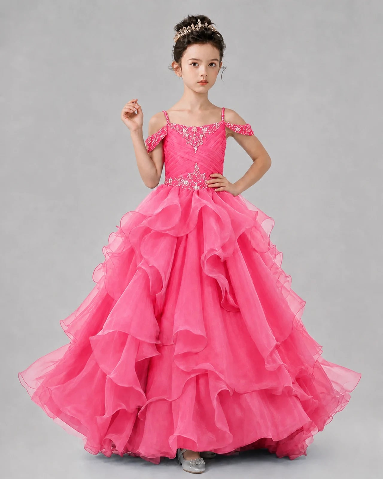 Hot Pink Ball Gown Girls Pageant Dresses Pose