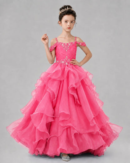 Hot Pink Ball Gown Girls Pageant Dresses Pose