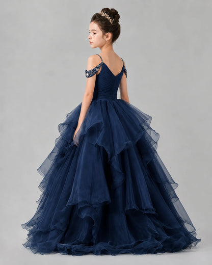 Navy Blue Ball Gown Girls Pageant Dresses Back