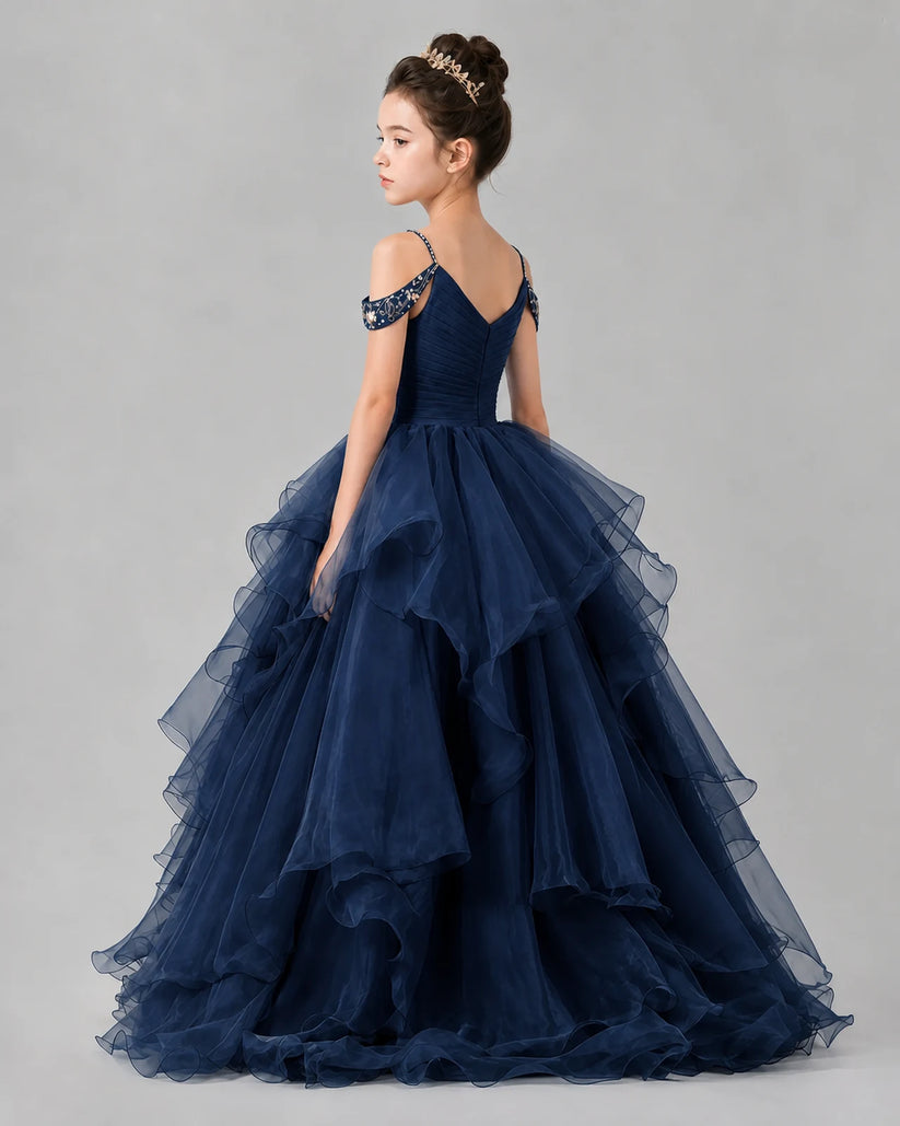 Navy Blue Ball Gown Girls Pageant Dresses Back
