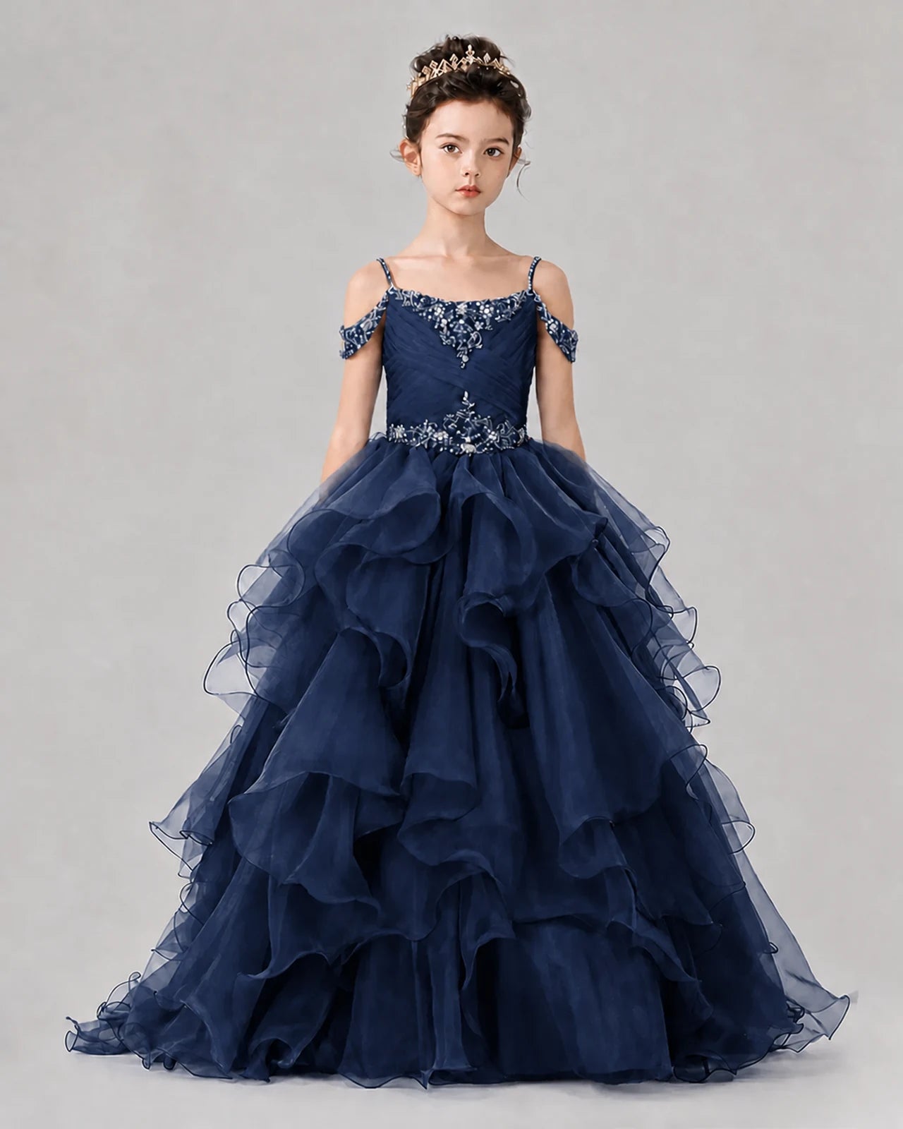 Navy Blue Ball Gown Girls Pageant Dresses Front