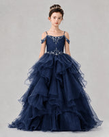Navy Blue Ball Gown Girls Pageant Dresses Front