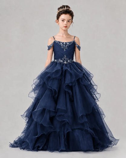 Navy Blue Ball Gown Girls Pageant Dresses Front