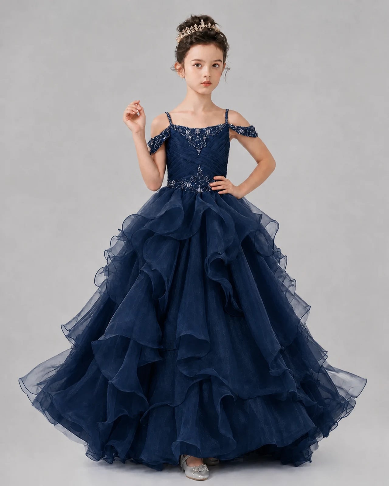 Navy Blue Ball Gown Girls Pageant Dresses Pose