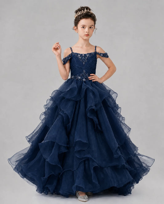 Navy Blue Ball Gown Girls Pageant Dresses Pose