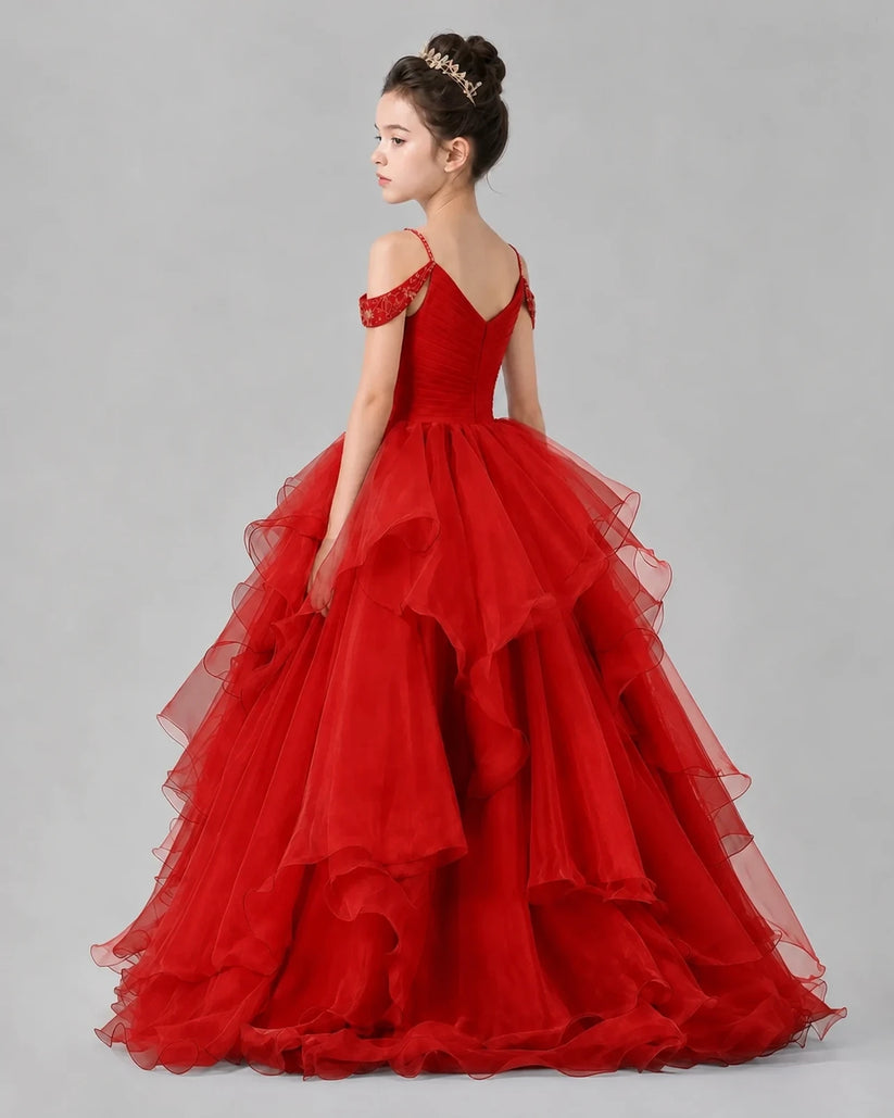 Red Ball Gown Girls Pageant Dresses Back