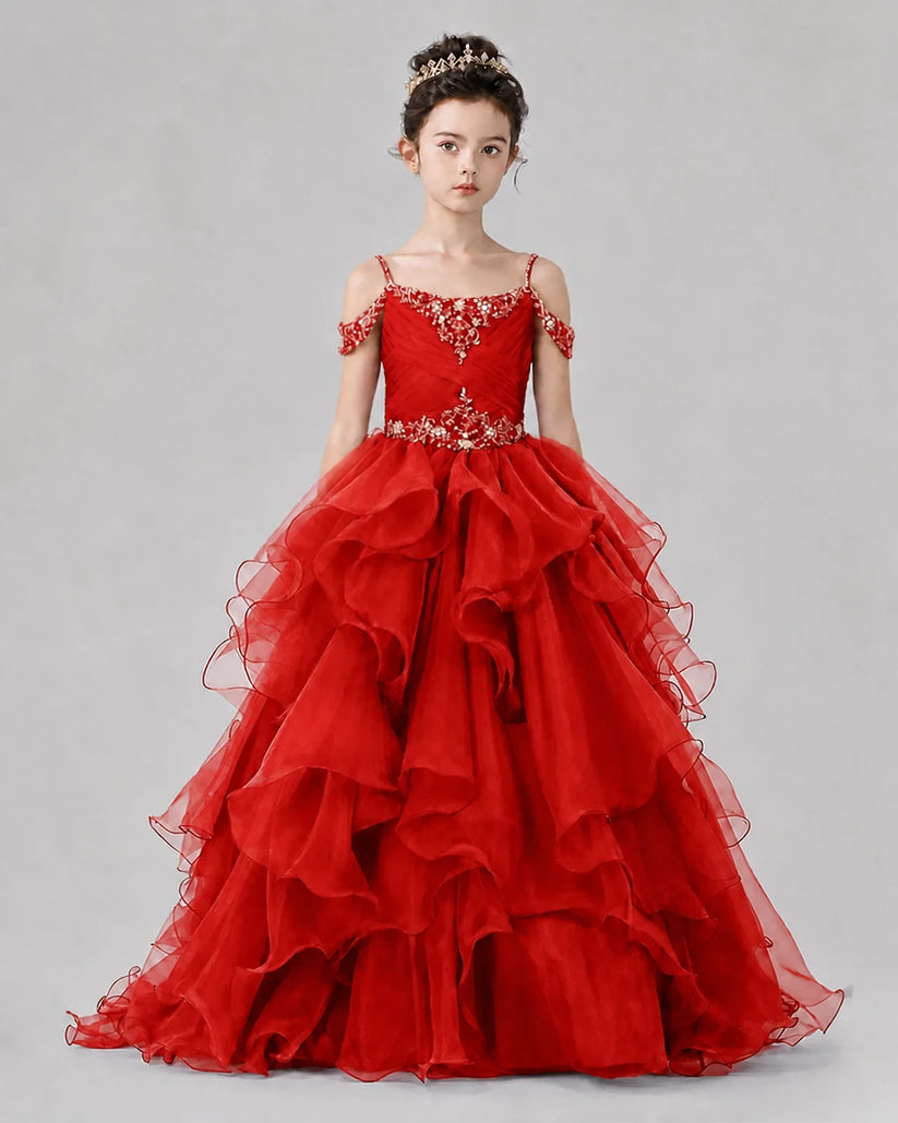 Red Ball Gown Girls Pageant Dresses Front