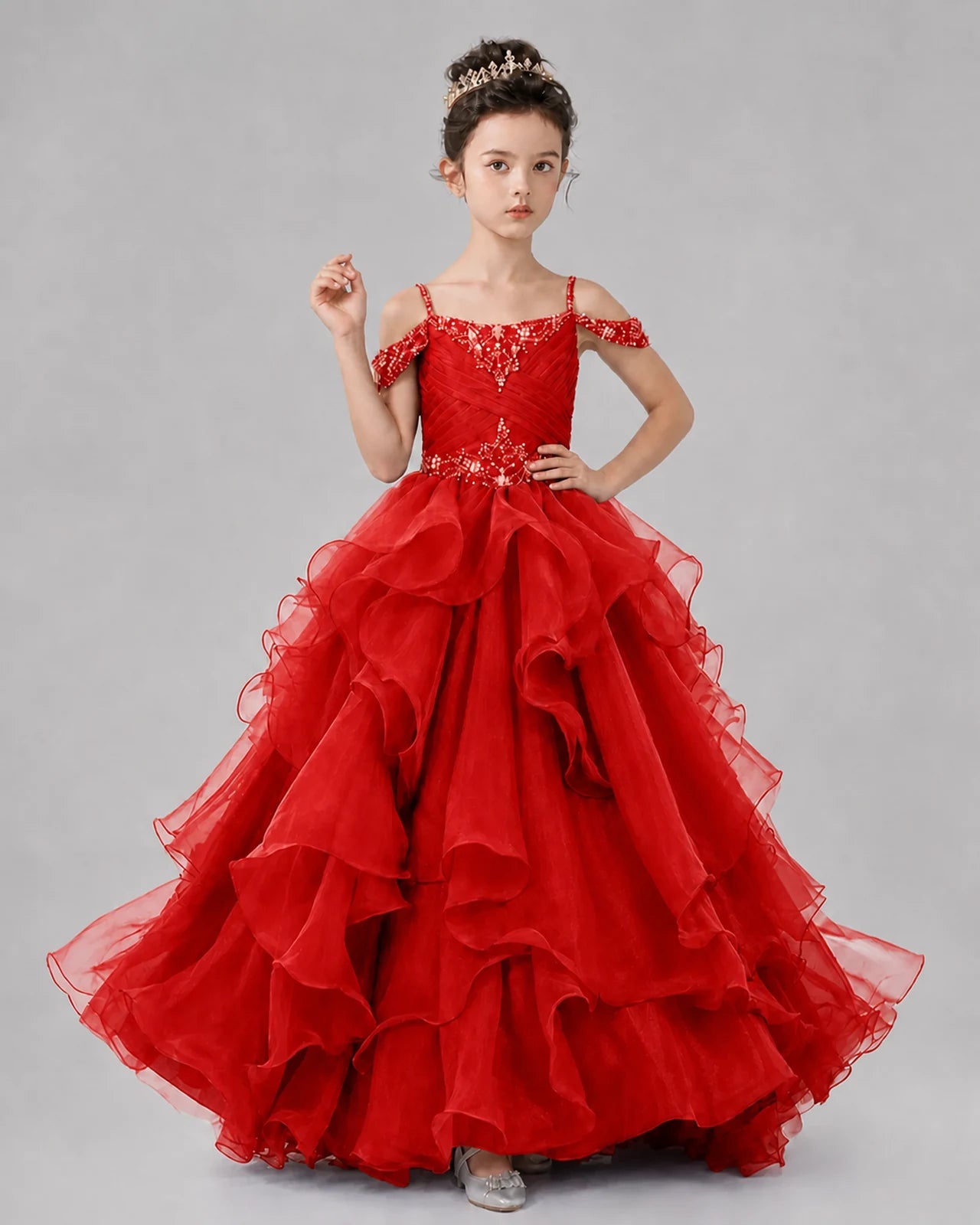 Red Ball Gown Girls Pageant Dresses Pose