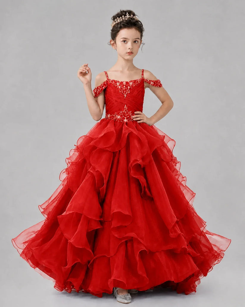 Red Ball Gown Girls Pageant Dresses Pose