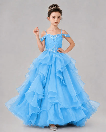 Sky Blue Ball Gown Girls Pageant Dresses Pose