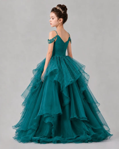 Teal Ball Gown Girls Pageant Dresses Back