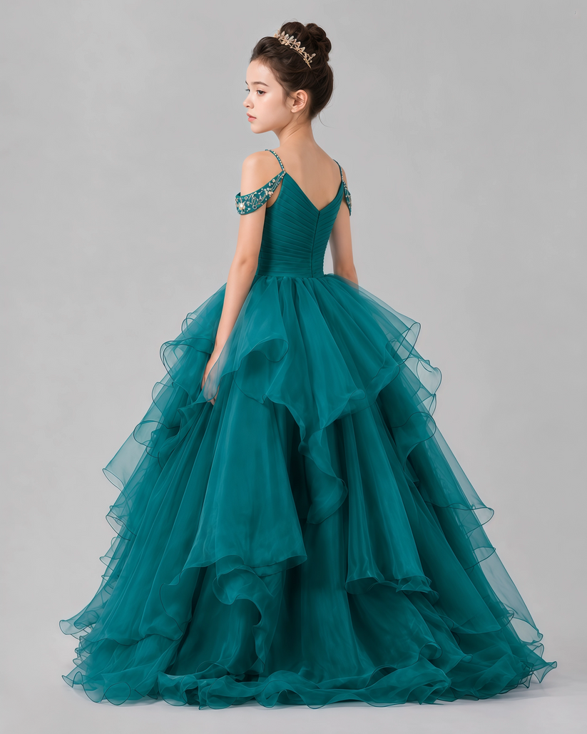 Teal Ball Gown Girls Pageant Dresses Back