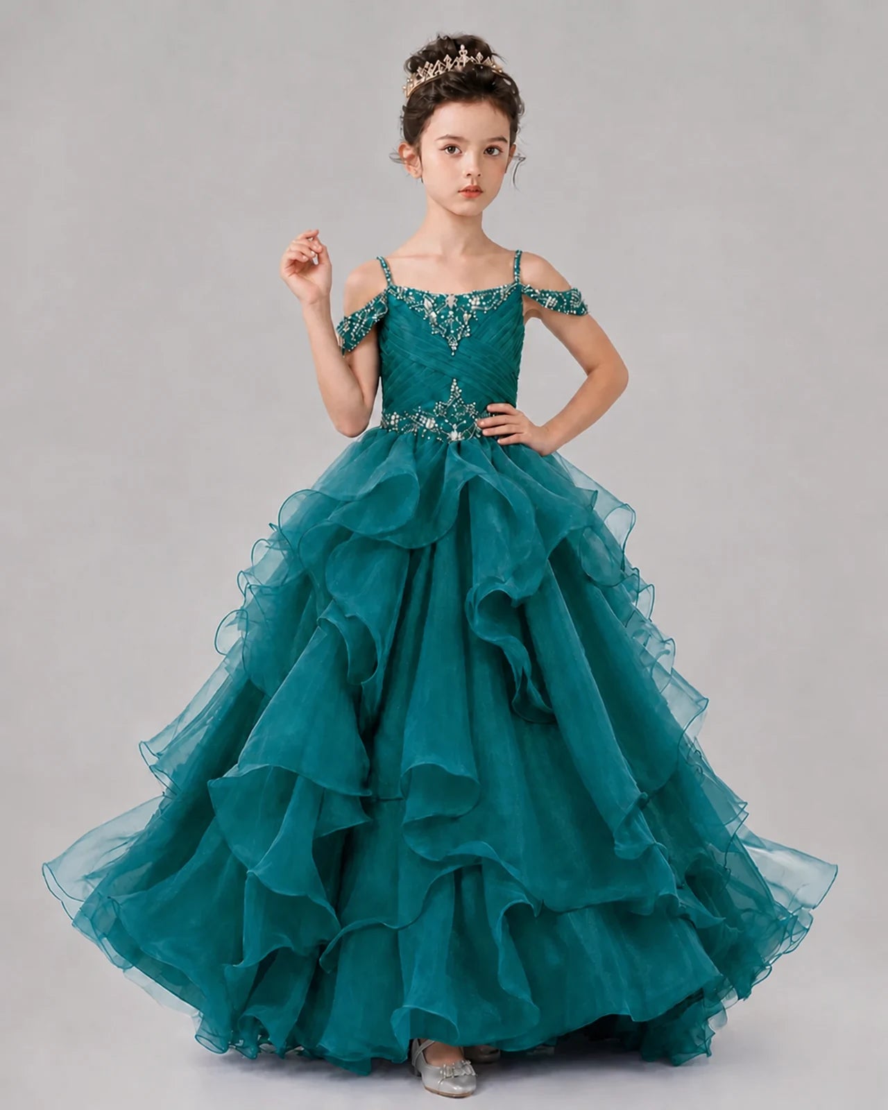 Teal Ball Gown Girls Pageant Dresses Pose