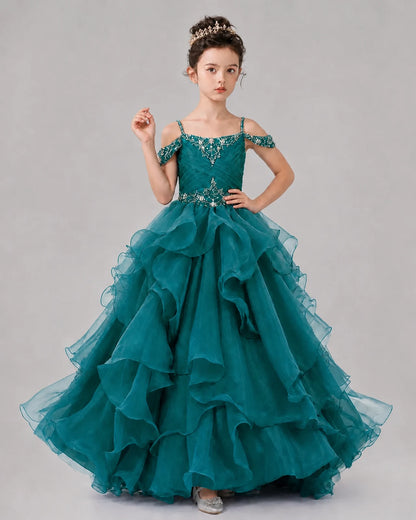 Teal Ball Gown Girls Pageant Dresses Pose