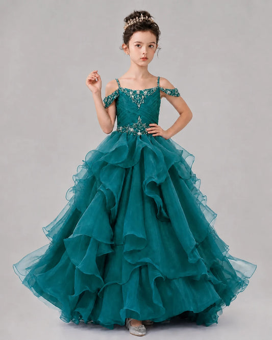 Teal Ball Gown Girls Pageant Dresses Pose