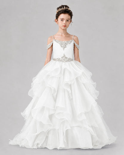 White Ball Gown Girls Pageant Dresses Front