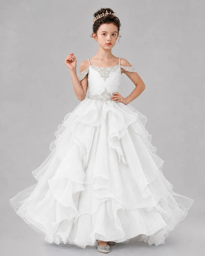 White Ball Gown Girls Pageant Dresses Pose