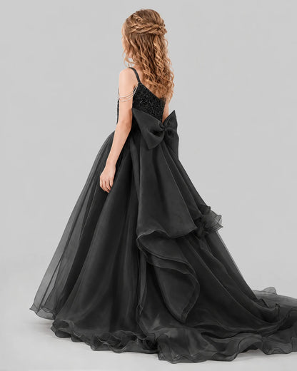 Black Ball Gown Girls Pageant Dresses Back