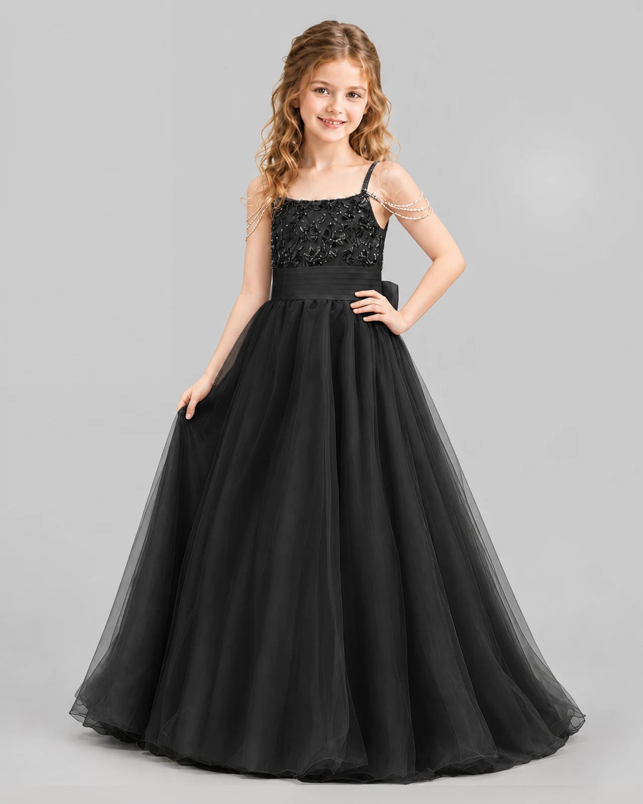 Black Ball Gown Girls Pageant Dresses Pose