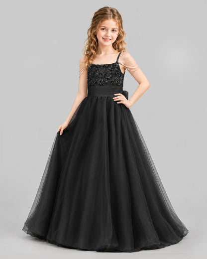 Black Ball Gown Girls Pageant Dresses Pose