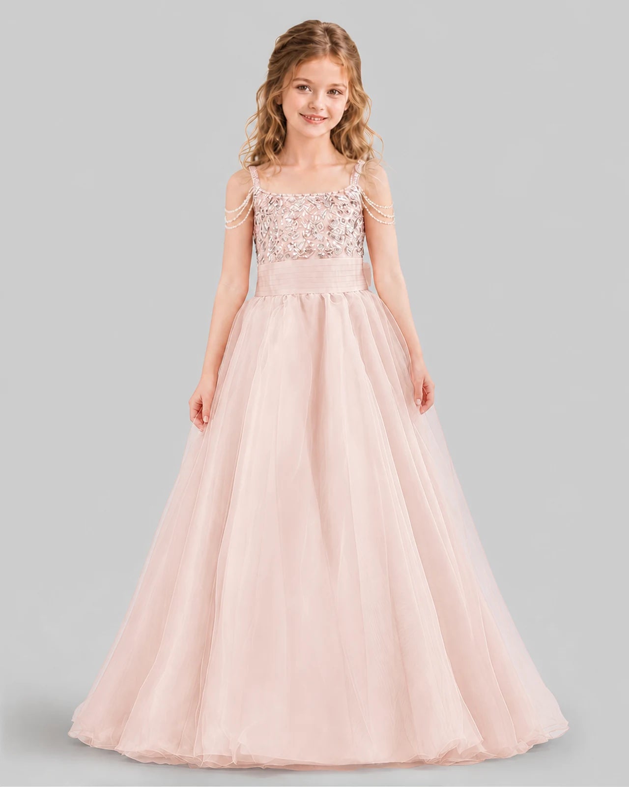Blush Pink Ball Gown Girls Pageant Dresses Front
