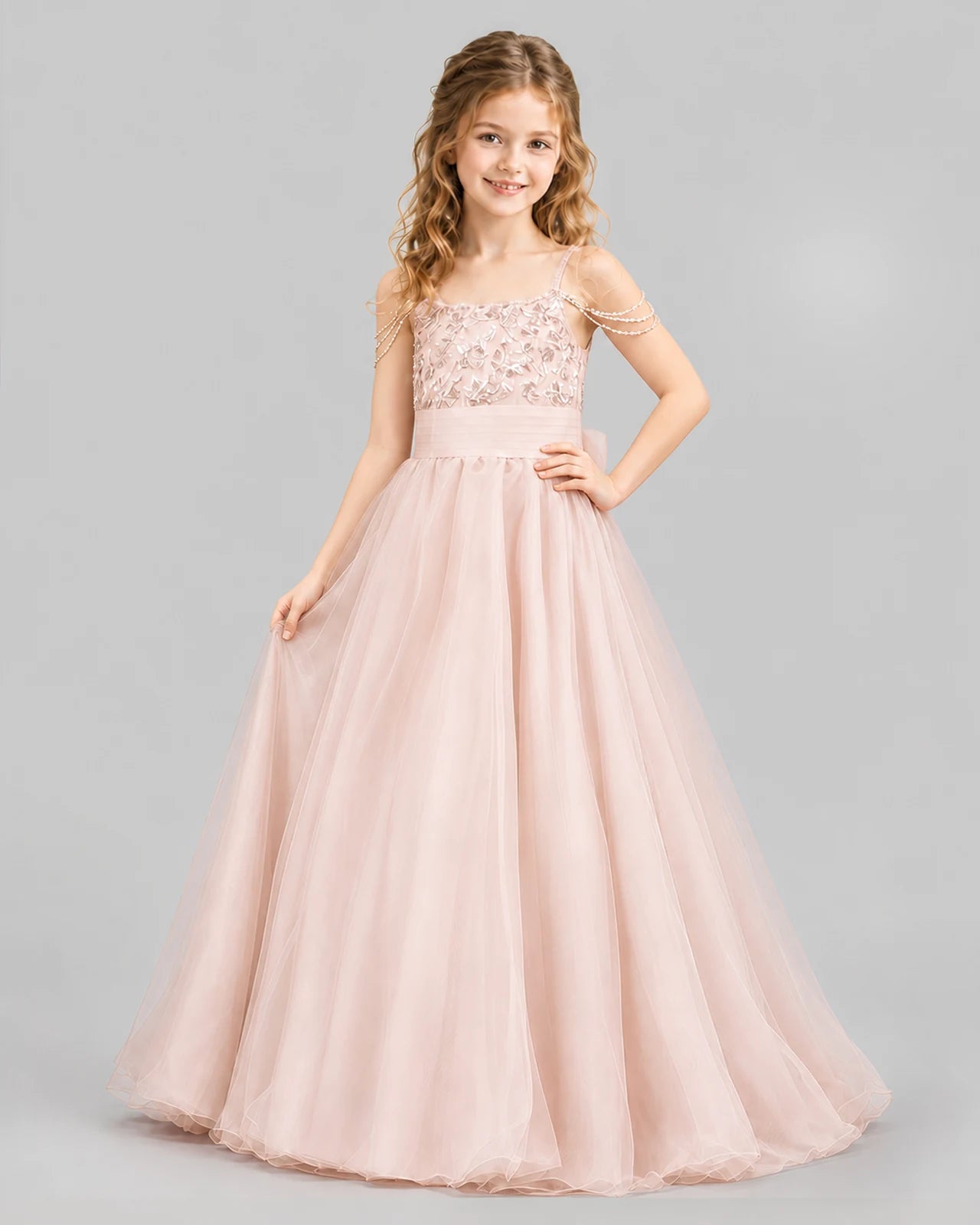 Blush Pink Ball Gown Girls Pageant Dresses Pose