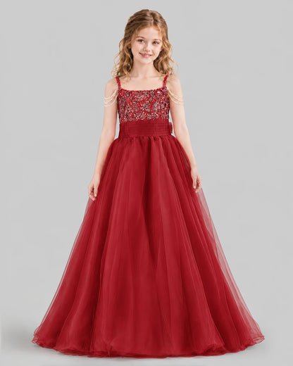 Burgundy Ball Gown Girls Pageant Dresses Front