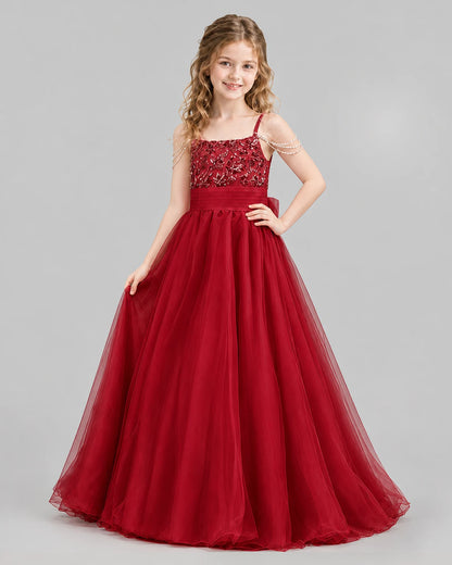 Burgundy Ball Gown Girls Pageant Dresses Pose