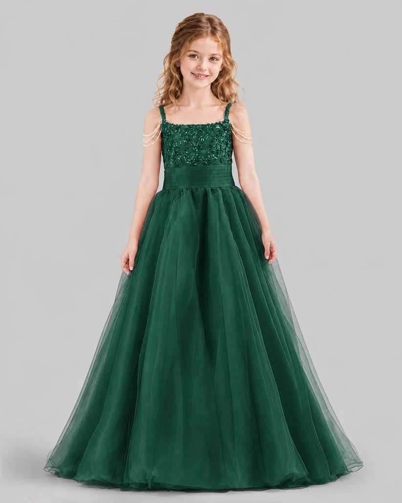 Dark Green Ball Gown Girls Pageant Dresses Front