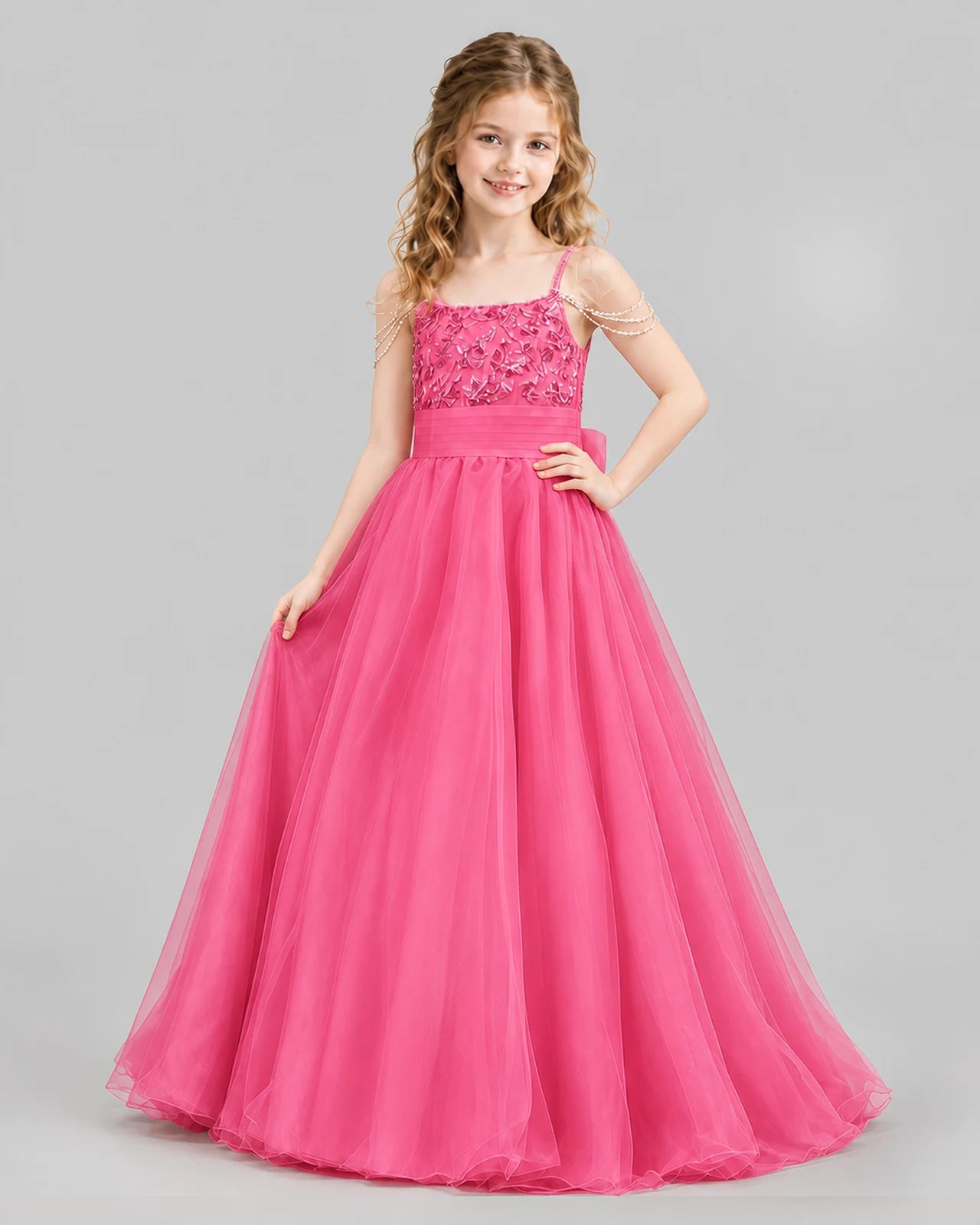 Hot Pink Ball Gown Girls Pageant Dresses Pose