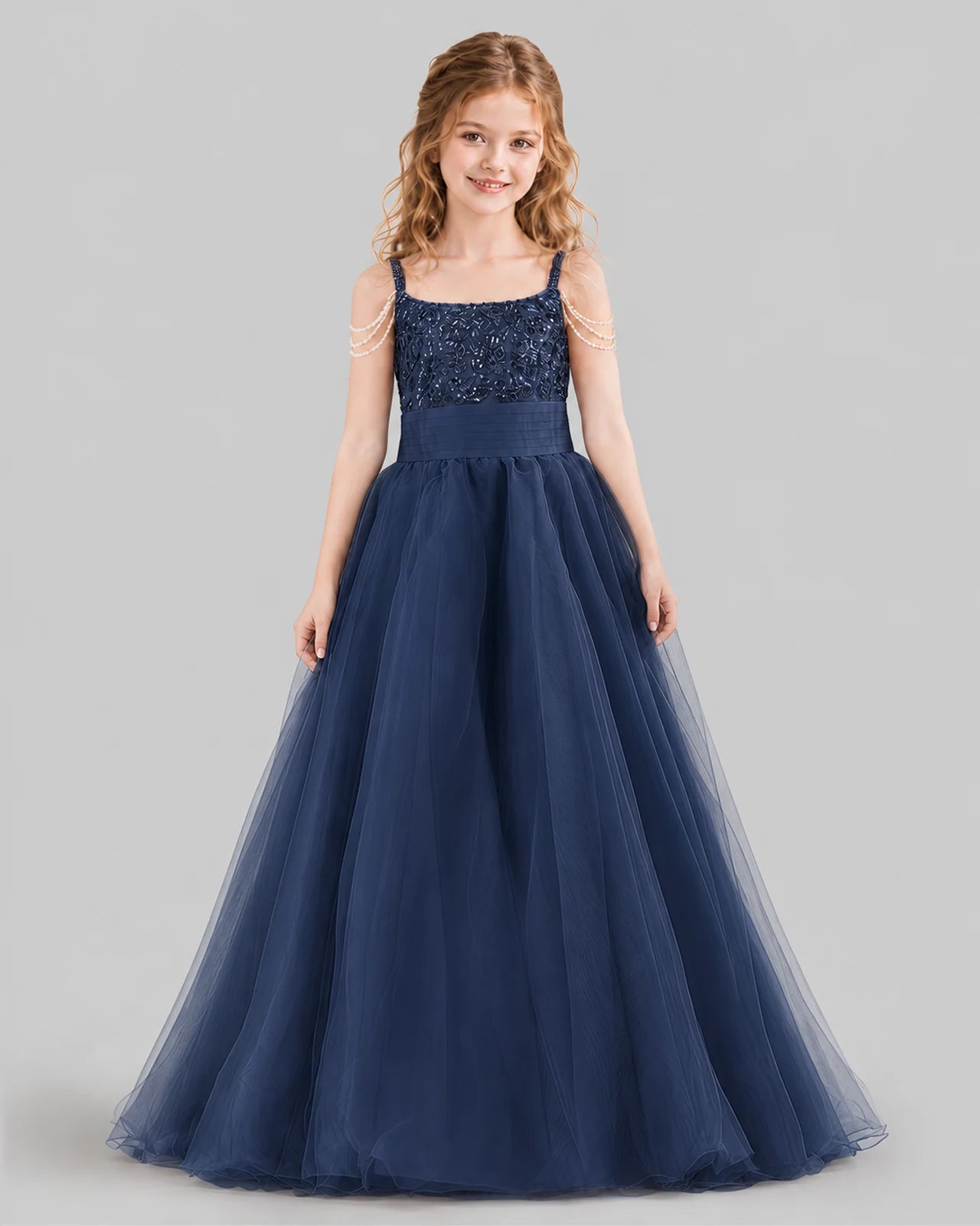 Navy Blue Ball Gown Girls Pageant Dresses Front