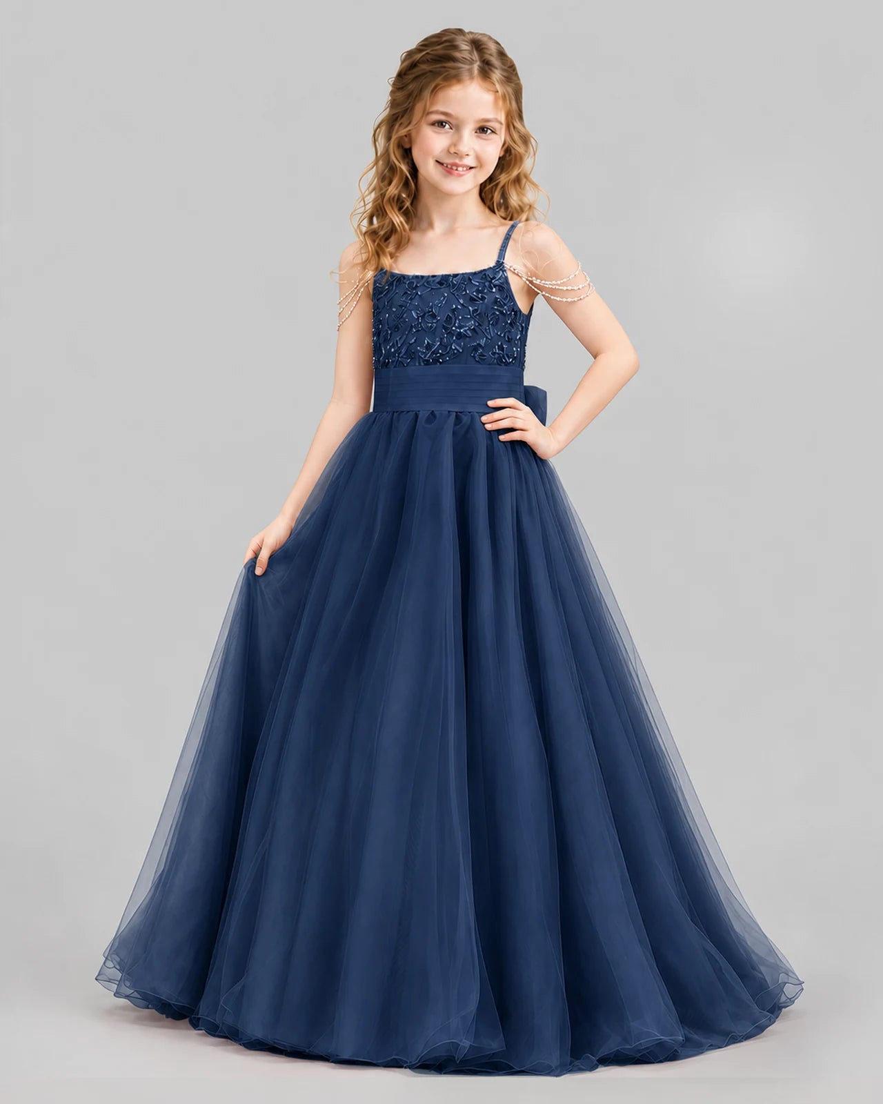 Navy Blue Ball Gown Girls Pageant Dresses Pose