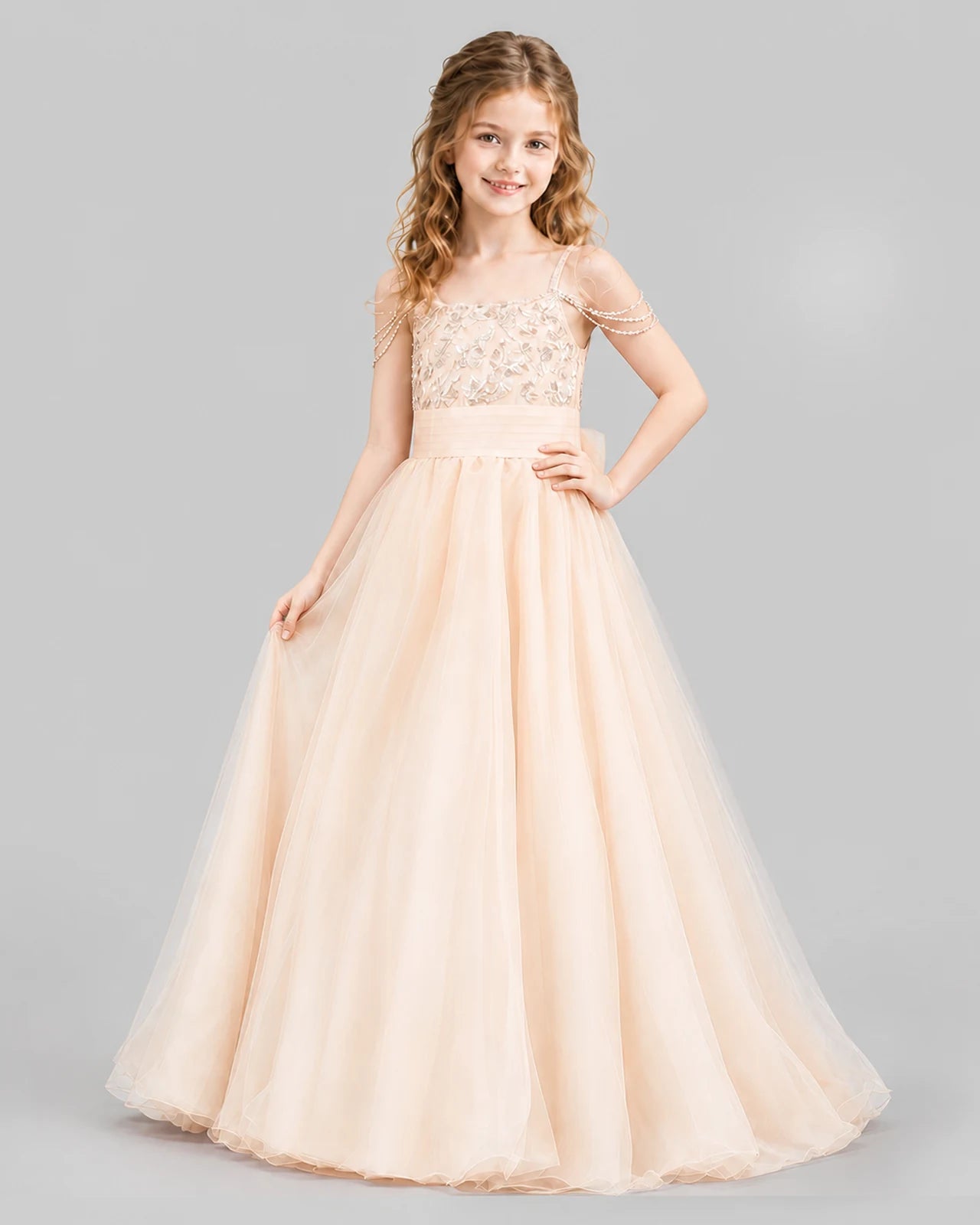Peach Ball Gown Girls Pageant Dresses Pose