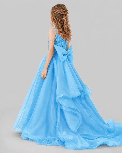 Sky Blue Ball Gown Girls Pageant Dresses Back