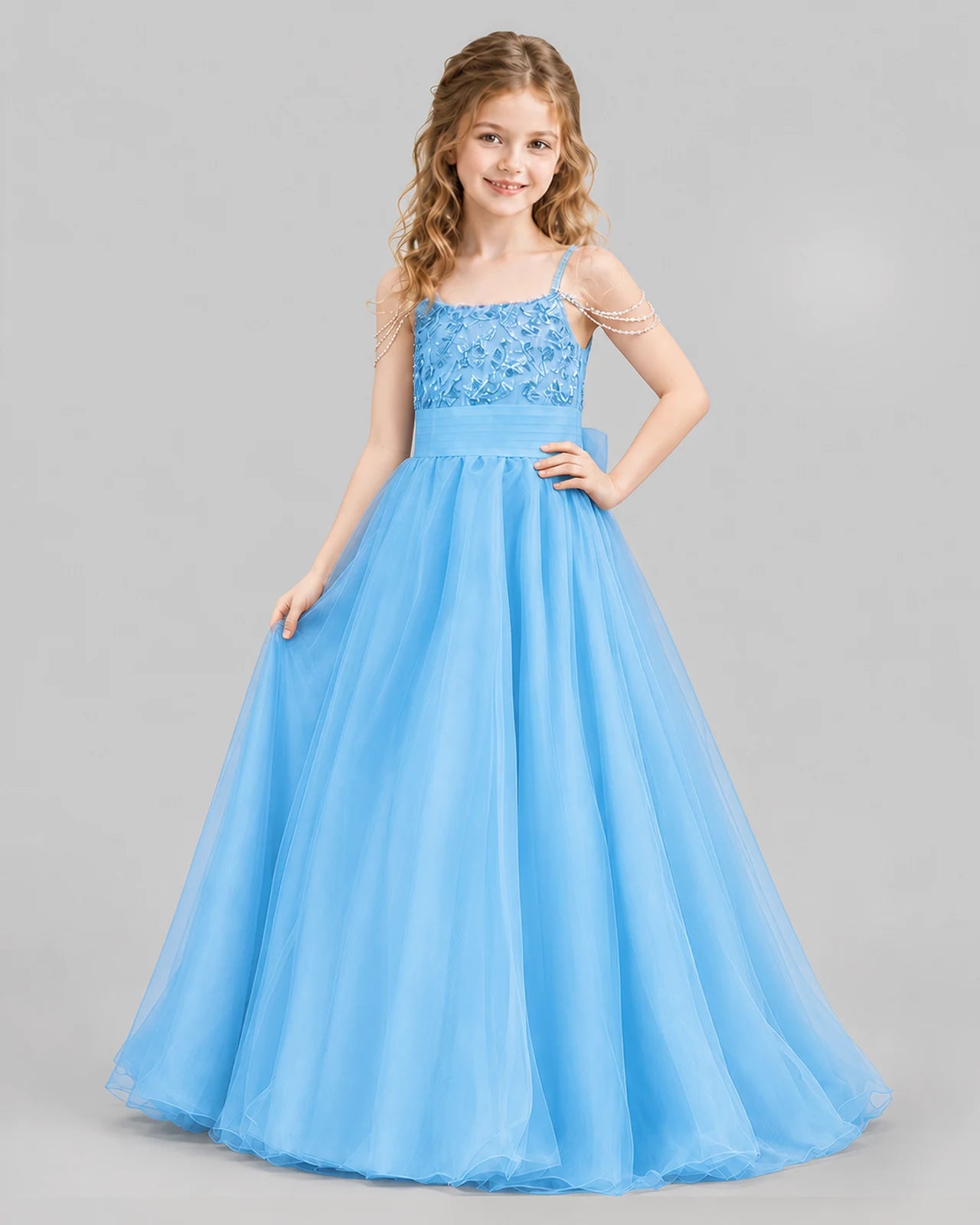 Sky Blue Ball Gown Girls Pageant Dresses Pose