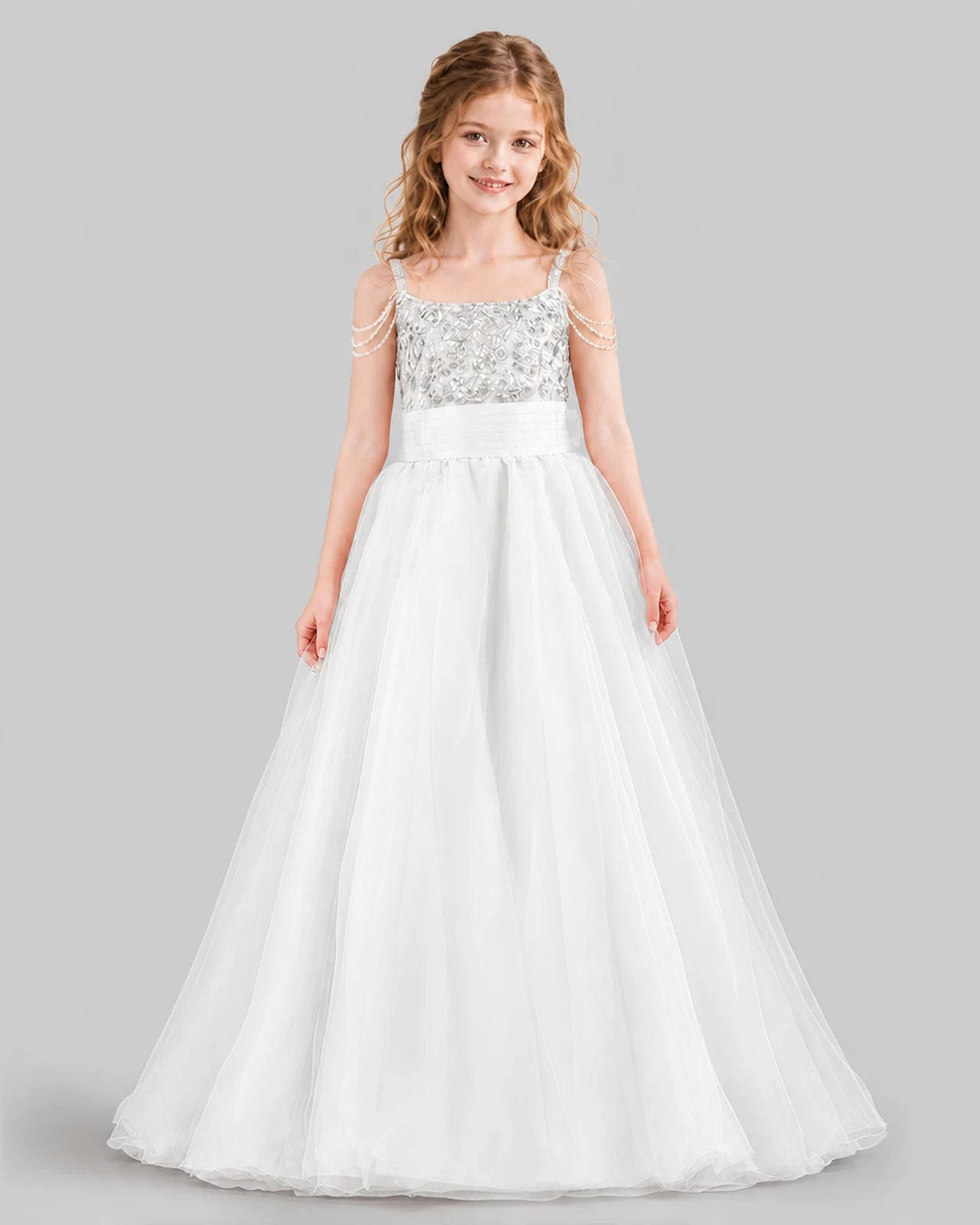 White Ball Gown Girls Pageant Dresses Front