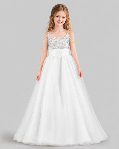 White Ball Gown Girls Pageant Dresses Front