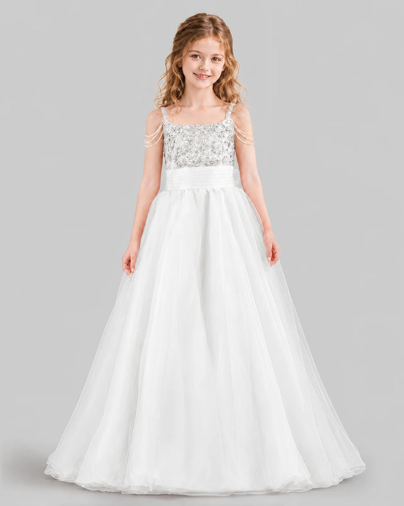 White Ball Gown Girls Pageant Dresses Front