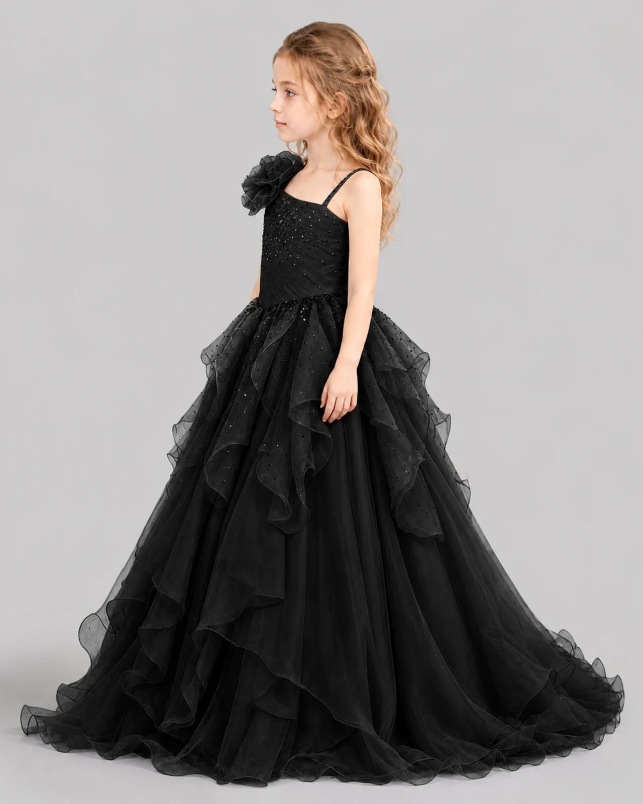 Black Ball Gown Girls Pageant Dresses Side