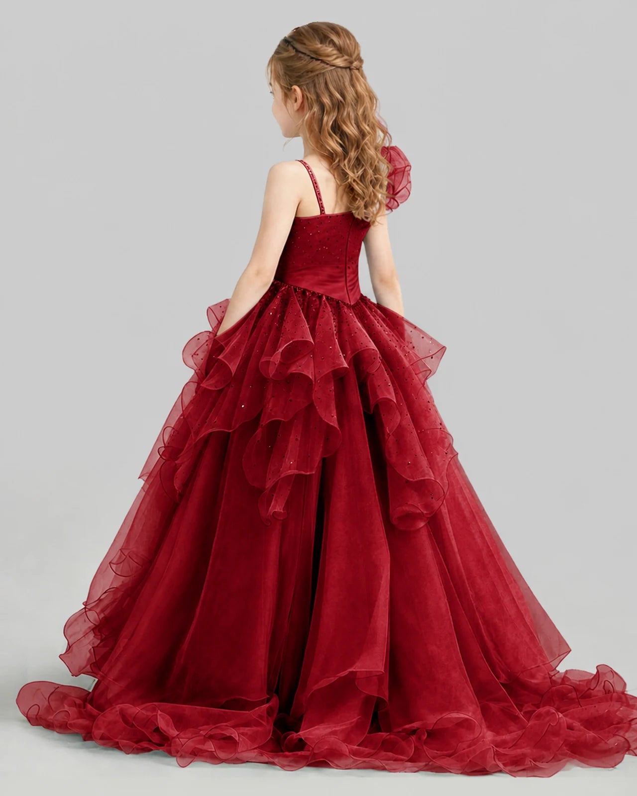Burgundy Ball Gown Girls Pageant Dresses Back