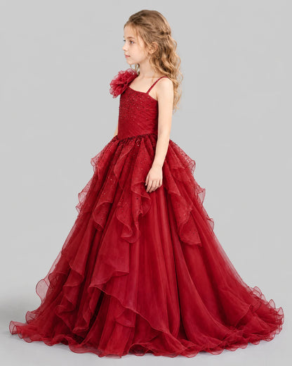 Burgundy Ball Gown Girls Pageant Dresses Side