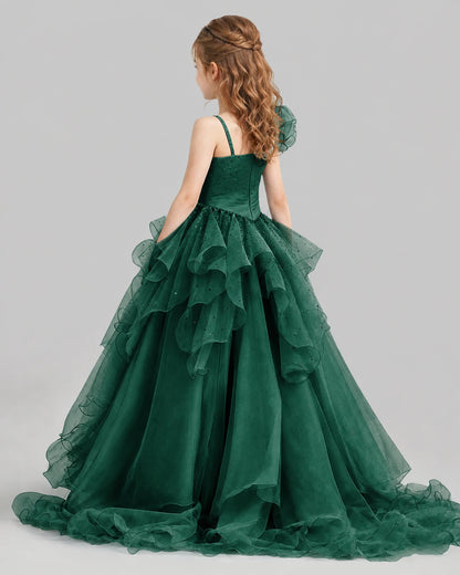 Dark Green Ball Gown Girls Pageant Dresses Back
