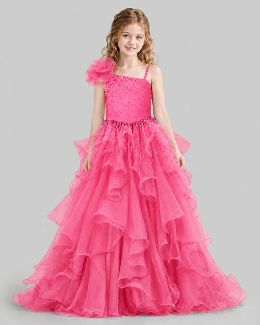 Hot Pink Ball Gown Girls Pageant Dresses Front