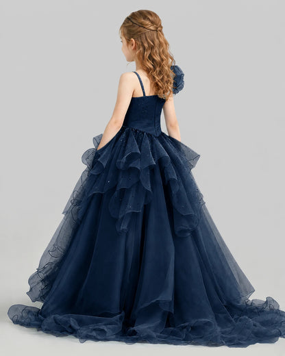 Navy Blue Ball Gown Girls Pageant Dresses Back