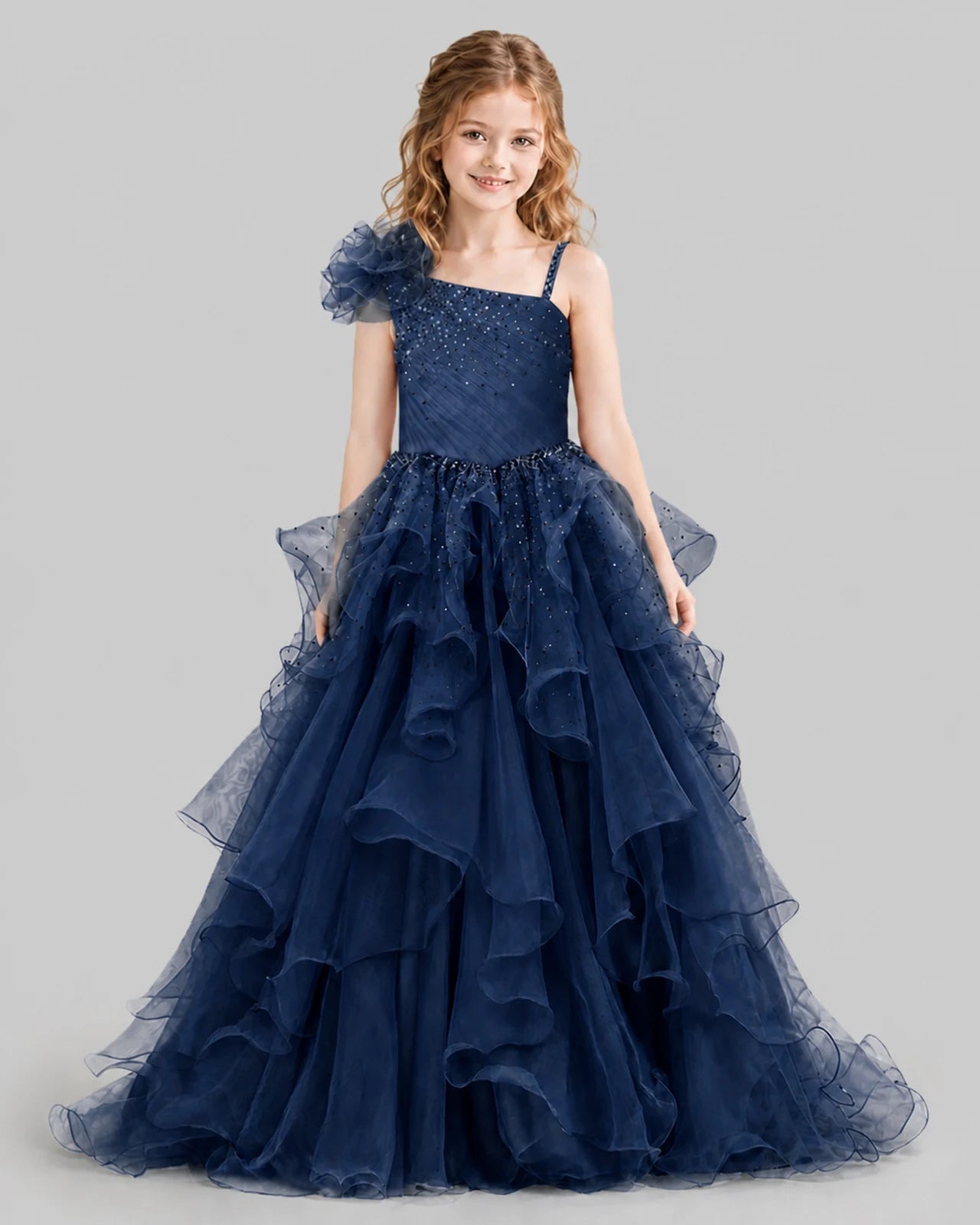 Navy Blue Ball Gown Girls Pageant Dresses Front