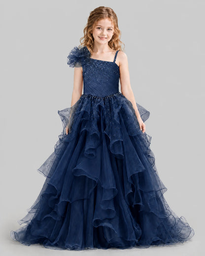Navy Blue Ball Gown Girls Pageant Dresses Front