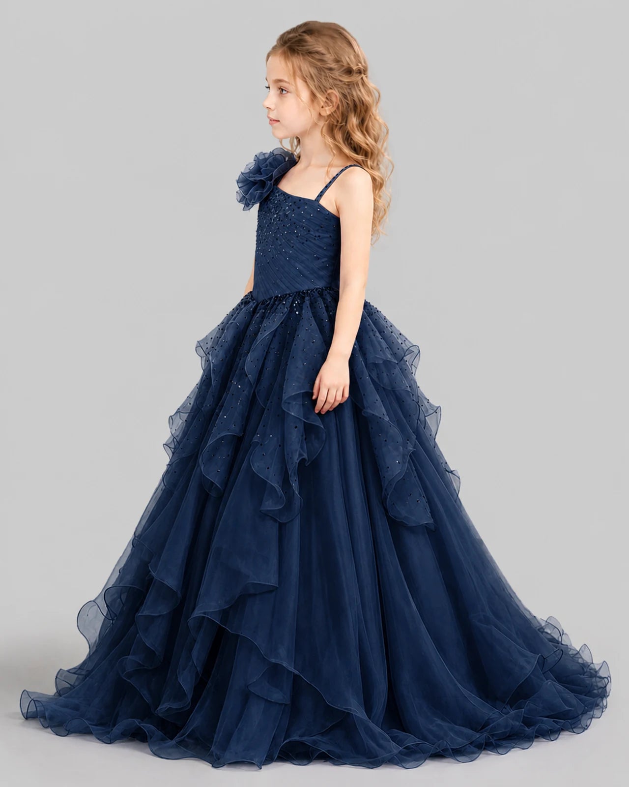 Navy Blue Ball Gown Girls Pageant Dresses Side